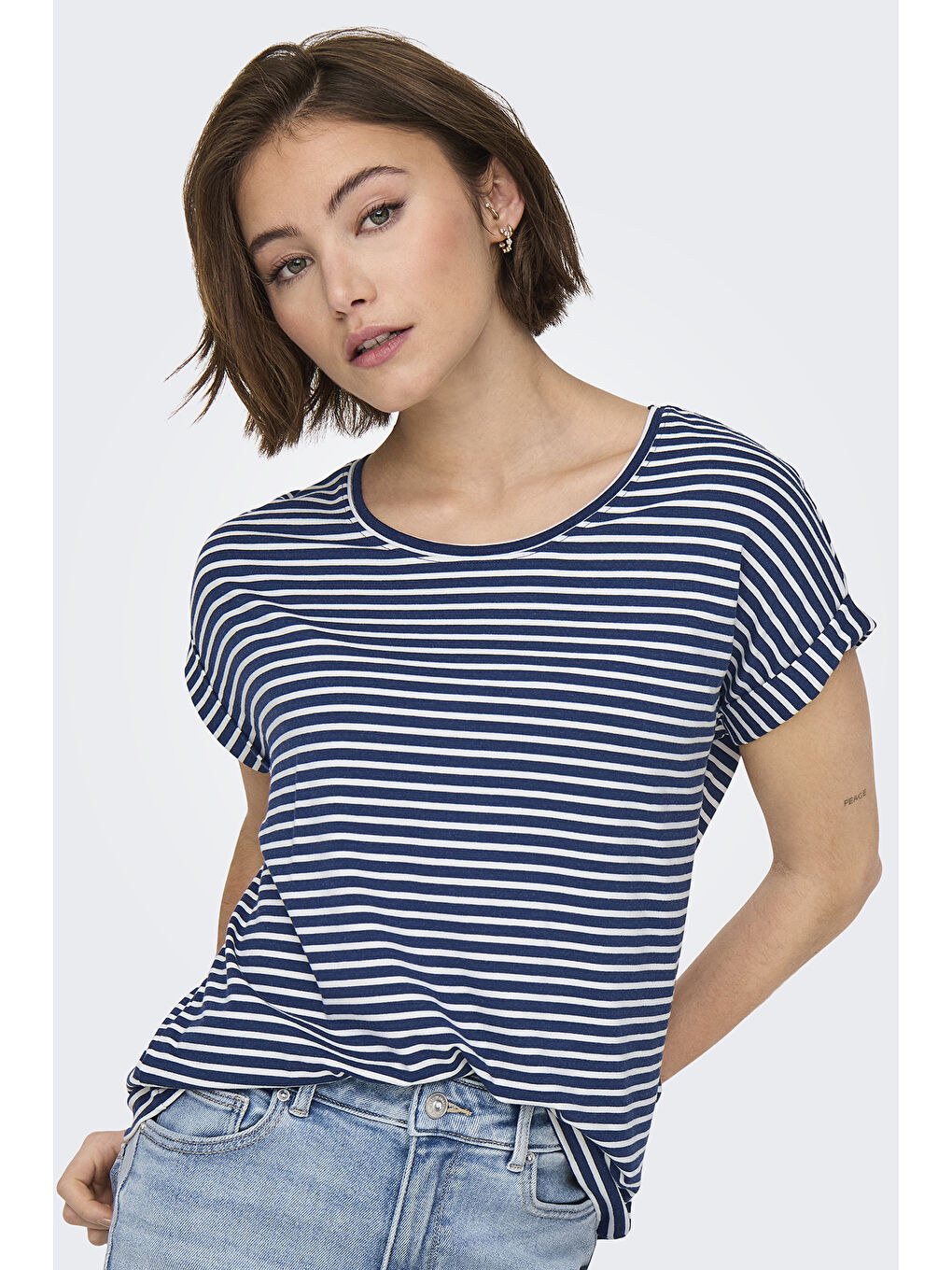 Lacivert Onlmoster Streç Çizgili Regular Fit Bisiklet Yaka Kadın T Shirt 15206243-2