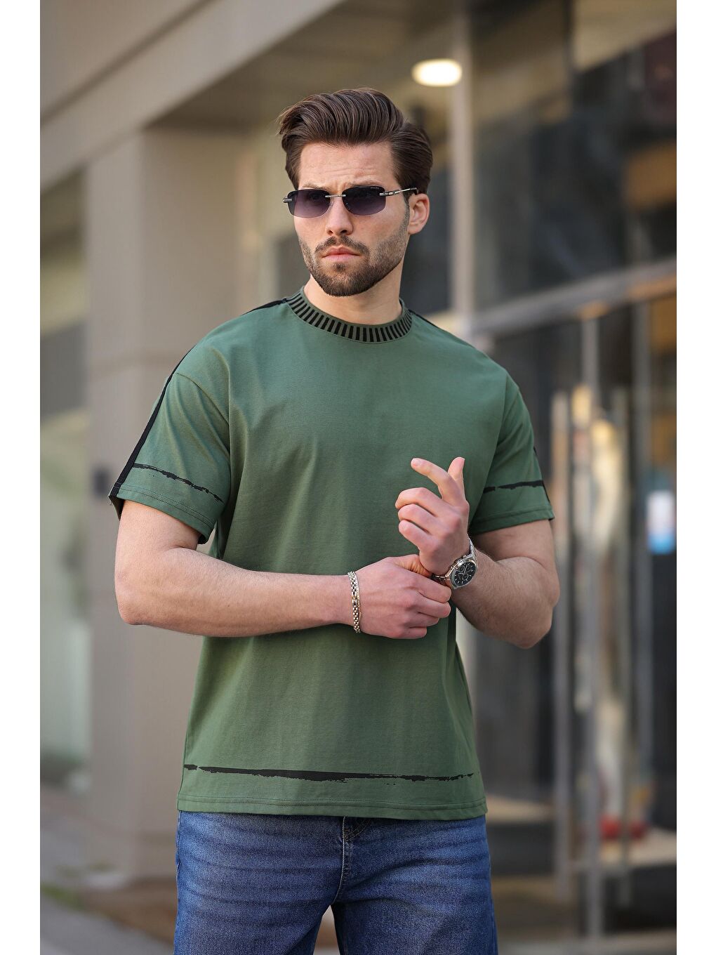 Haki Bisiklet Yaka Basic Erkek Tişört E7140-2