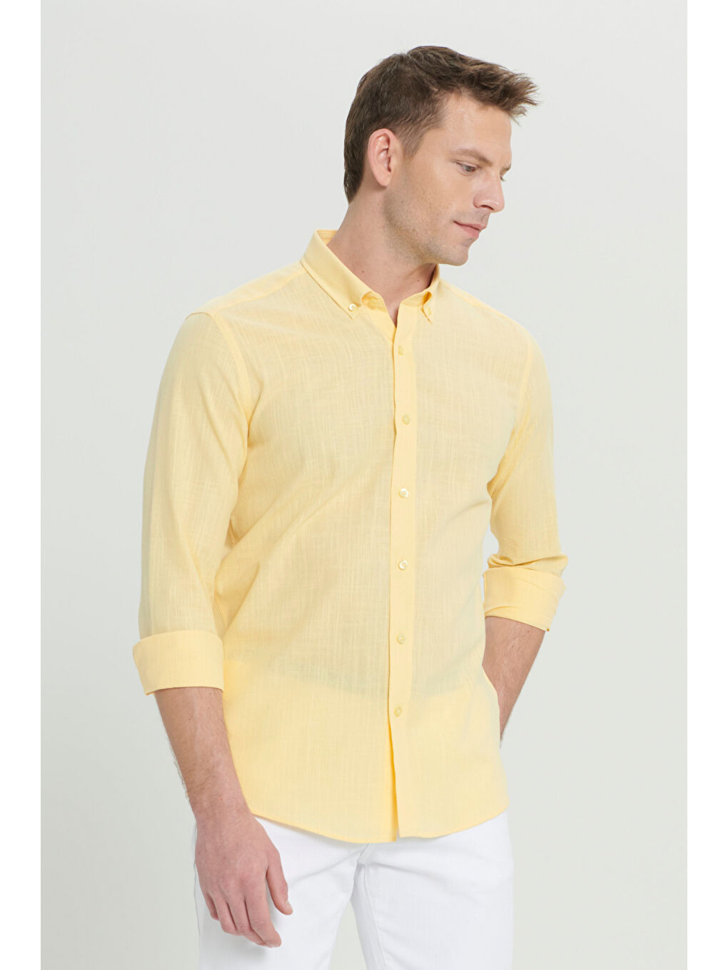 Erkek Sarı %100 Pamuk Oxford Slim Fit Dar Kesim Düğmeli Yaka Flamlı Gömlek