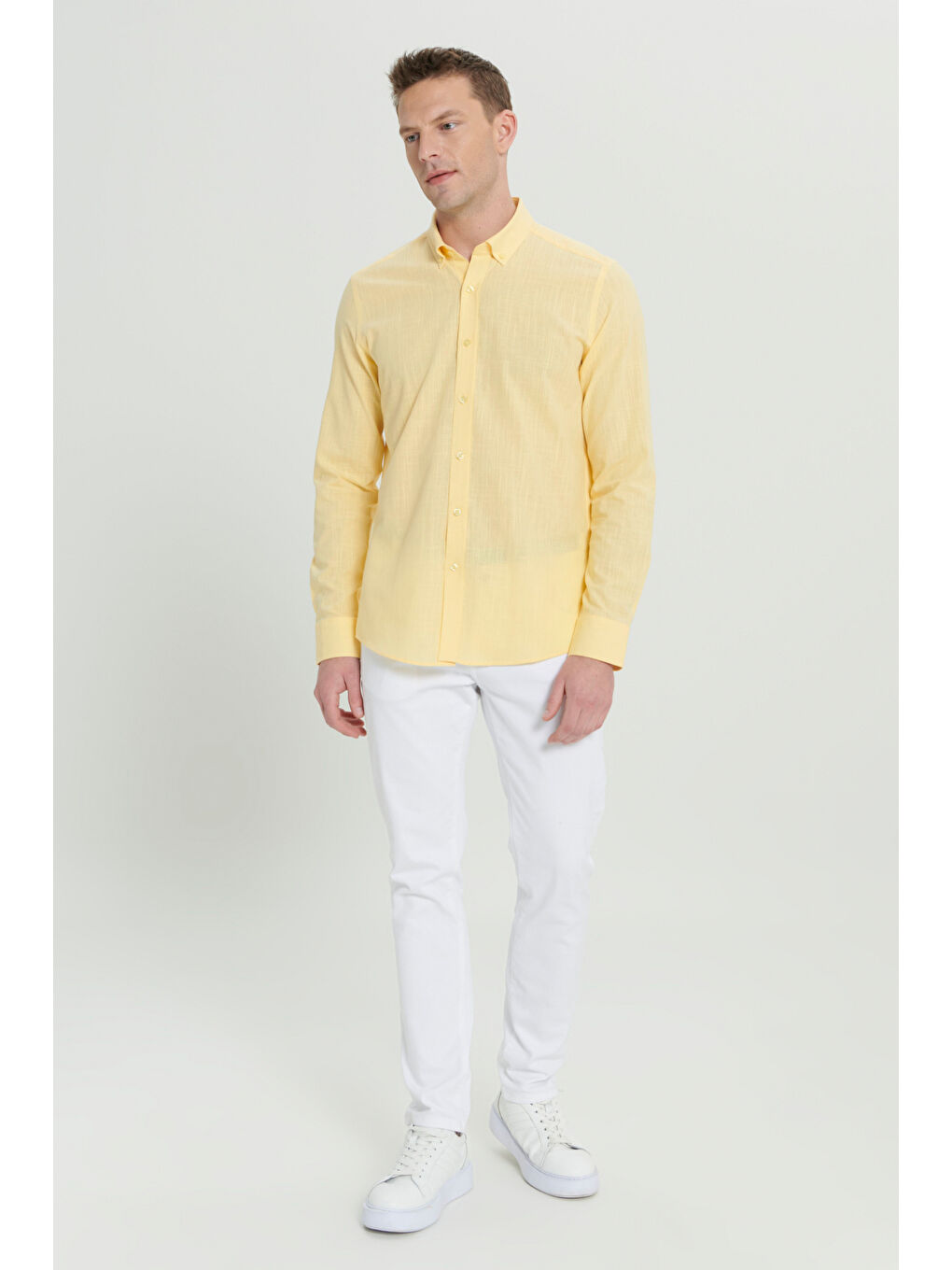 Erkek Sarı %100 Pamuk Oxford Slim Fit Dar Kesim Düğmeli Yaka Flamlı Gömlek-1