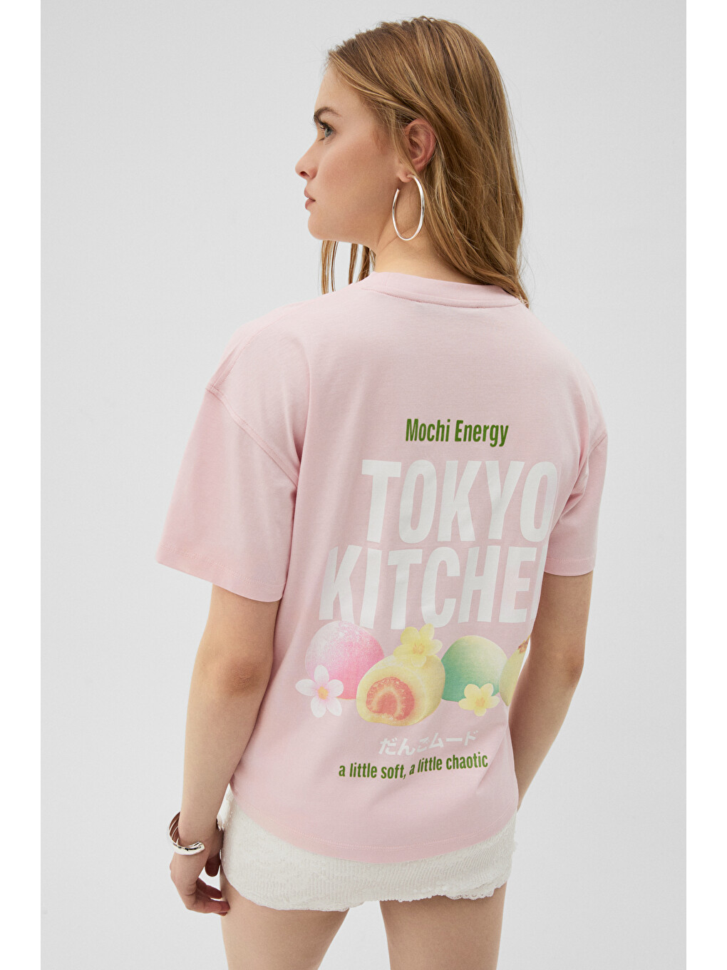 Pembe MOCHI Kadın %100 Organik Pamuklu Yuvarlak Yakalı Baskılı PEMBE T-Shirt-6