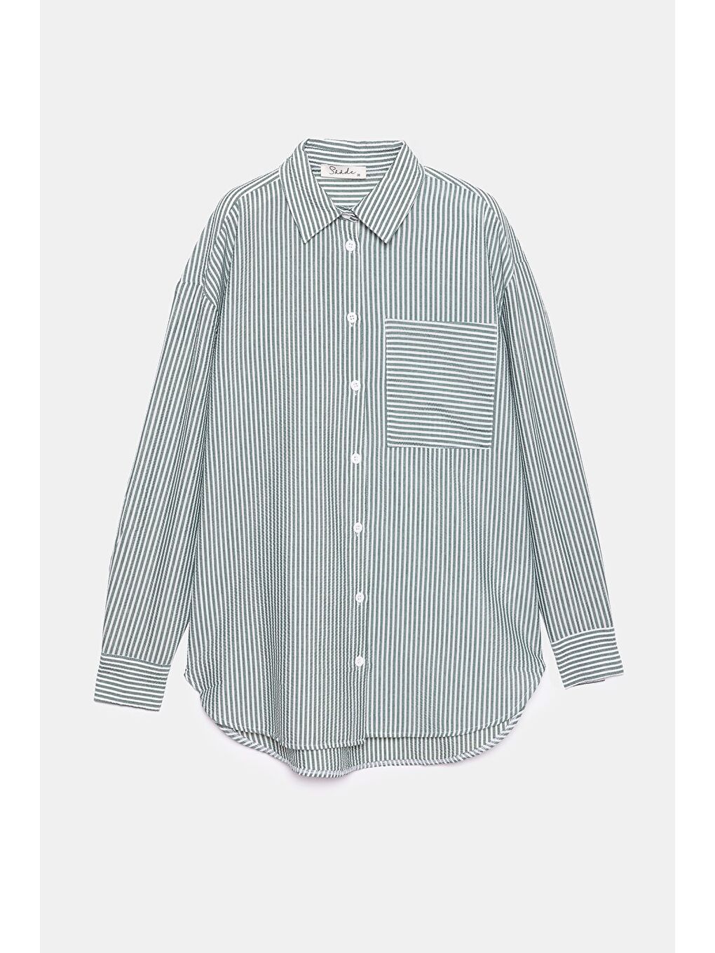 Haki Kadın Çizgili Dokulu Regular Basic Gömlek - Tek Cepli