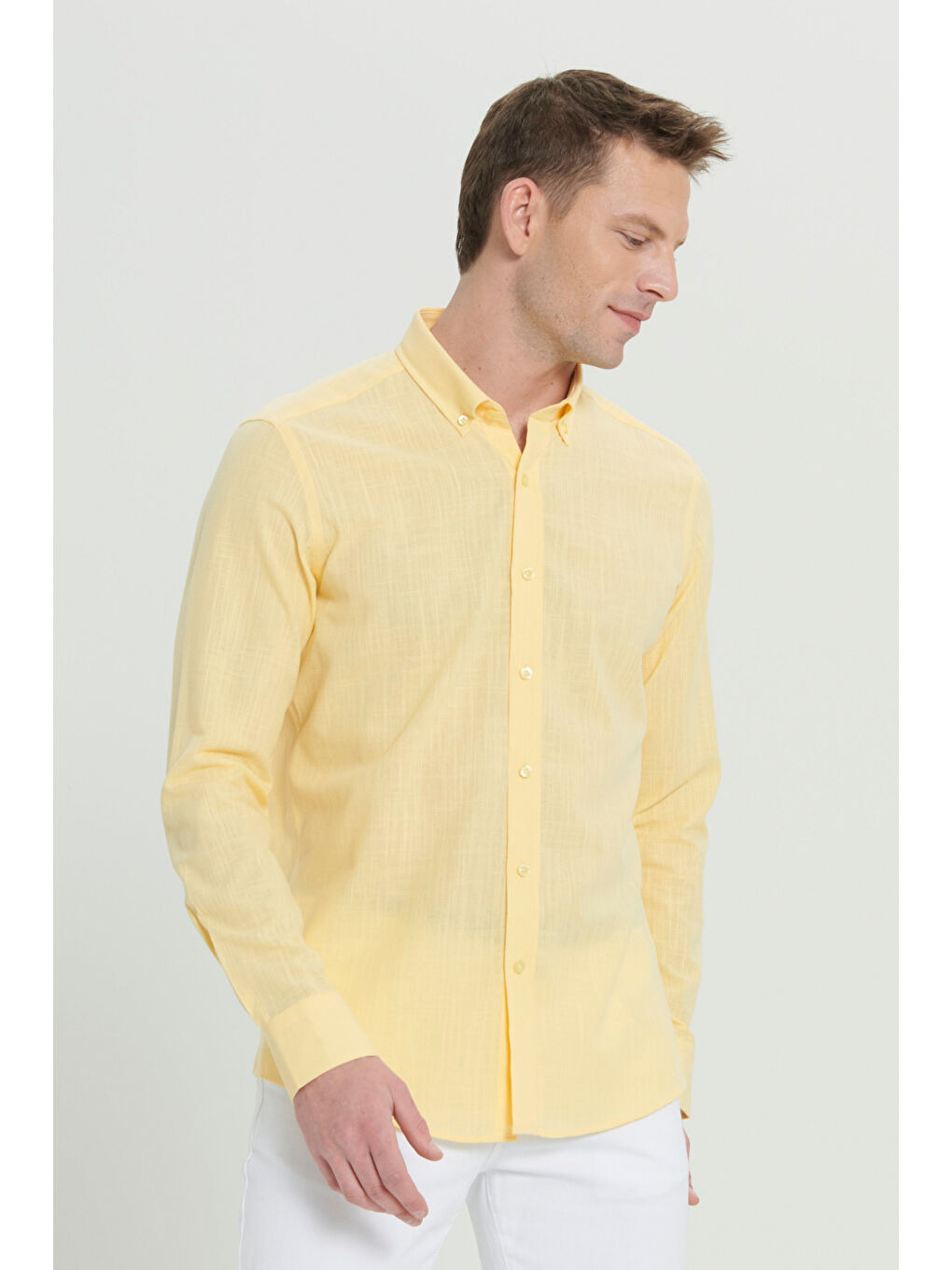 Erkek Sarı %100 Pamuk Oxford Slim Fit Dar Kesim Düğmeli Yaka Flamlı Gömlek-2