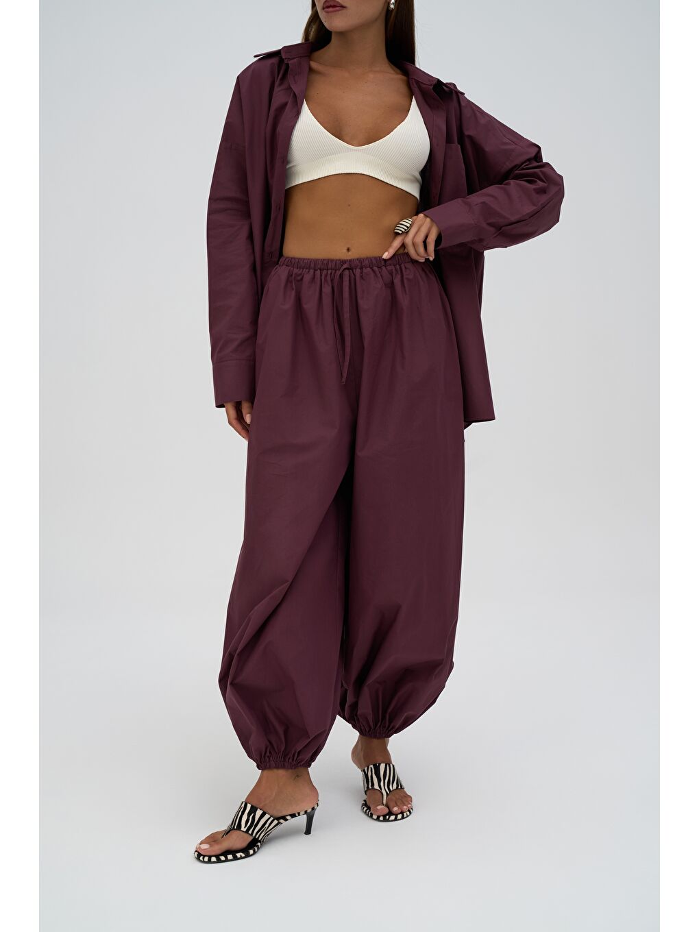 Velora Bordo Poplin Şalvar Pantolon-5