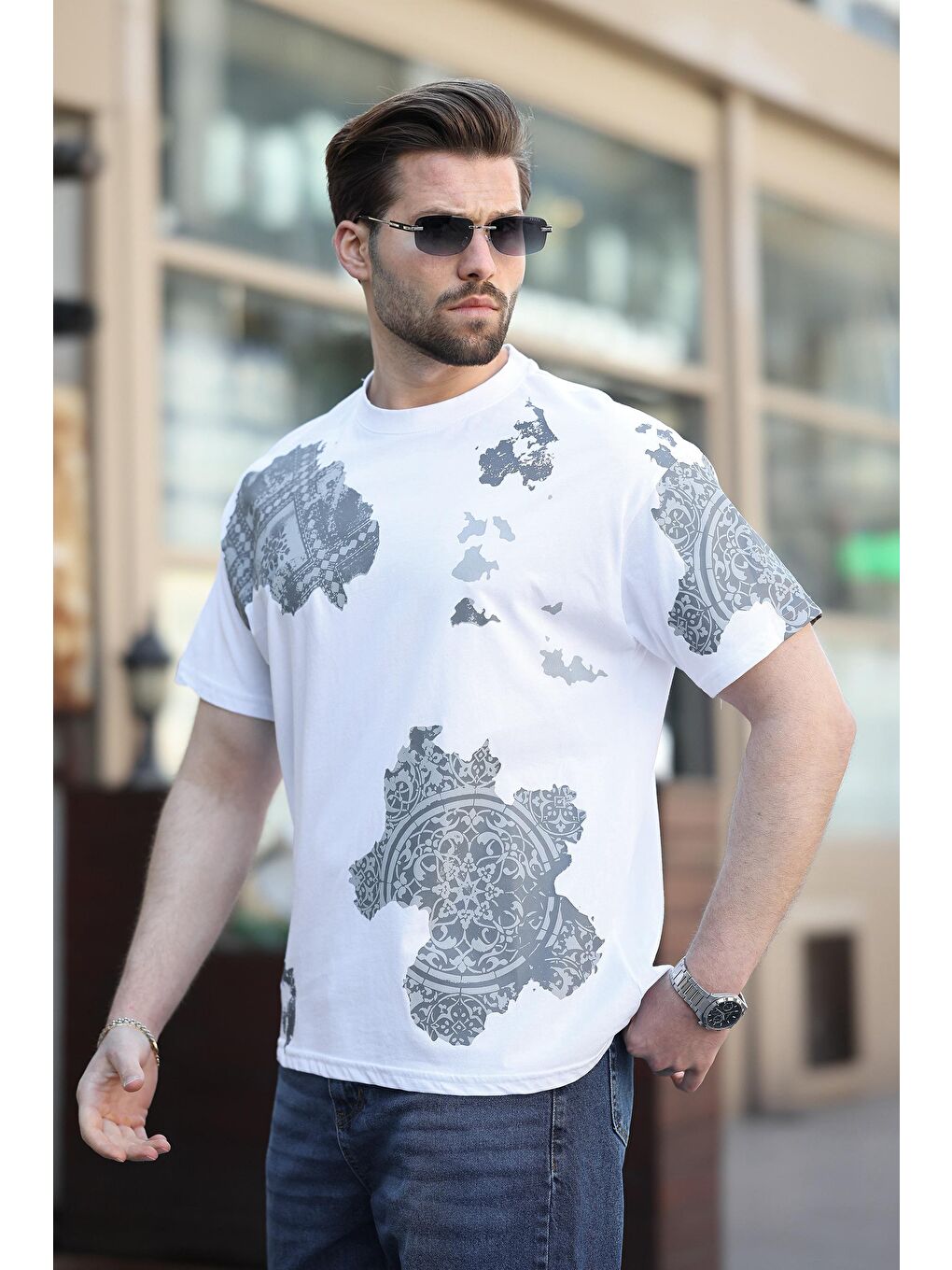 Beyaz %100 Pamuklu Desenli Erkek Tişört E7142