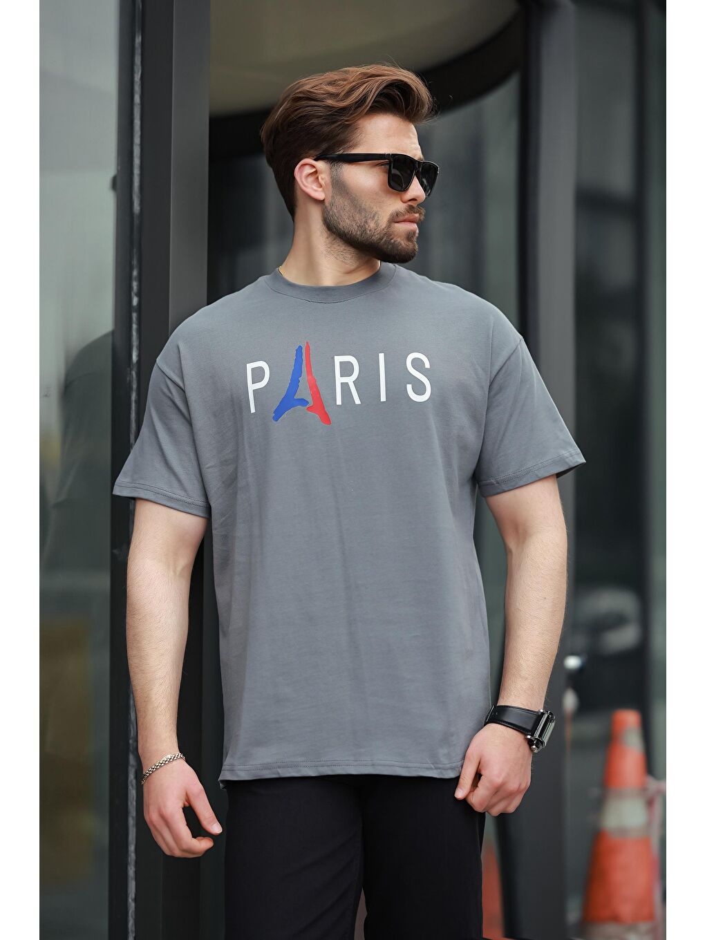 Gri Füme %100 Pamuklu Baskılı Erkek Tişört E7146-1