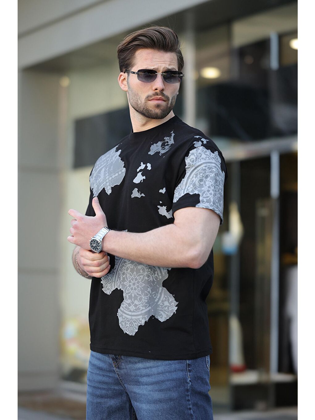 Siyah %100 Pamuklu Desenli Erkek Tişört E7142-1