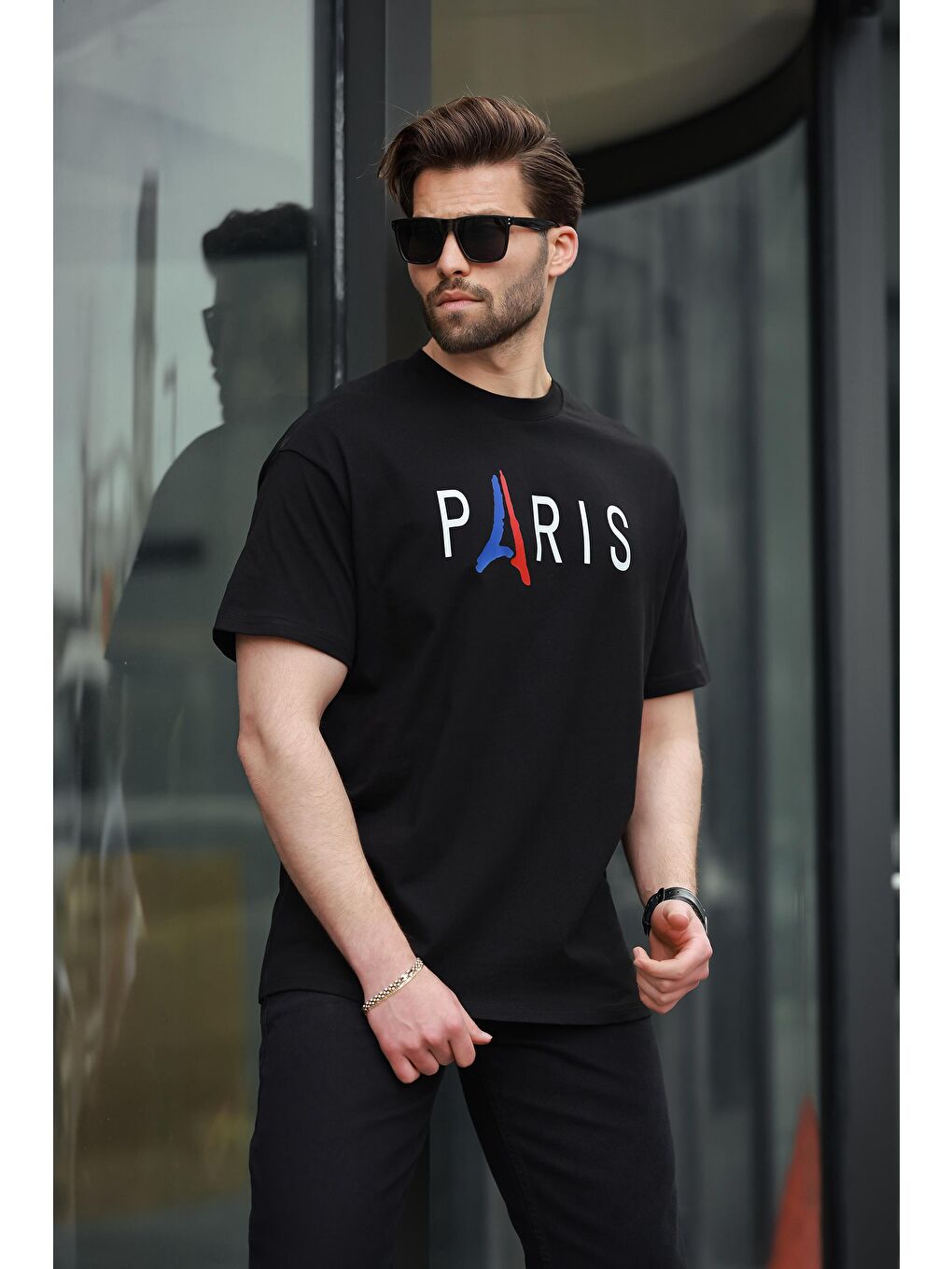 Siyah %100 Pamuklu Baskılı Erkek Tişört E7146-1