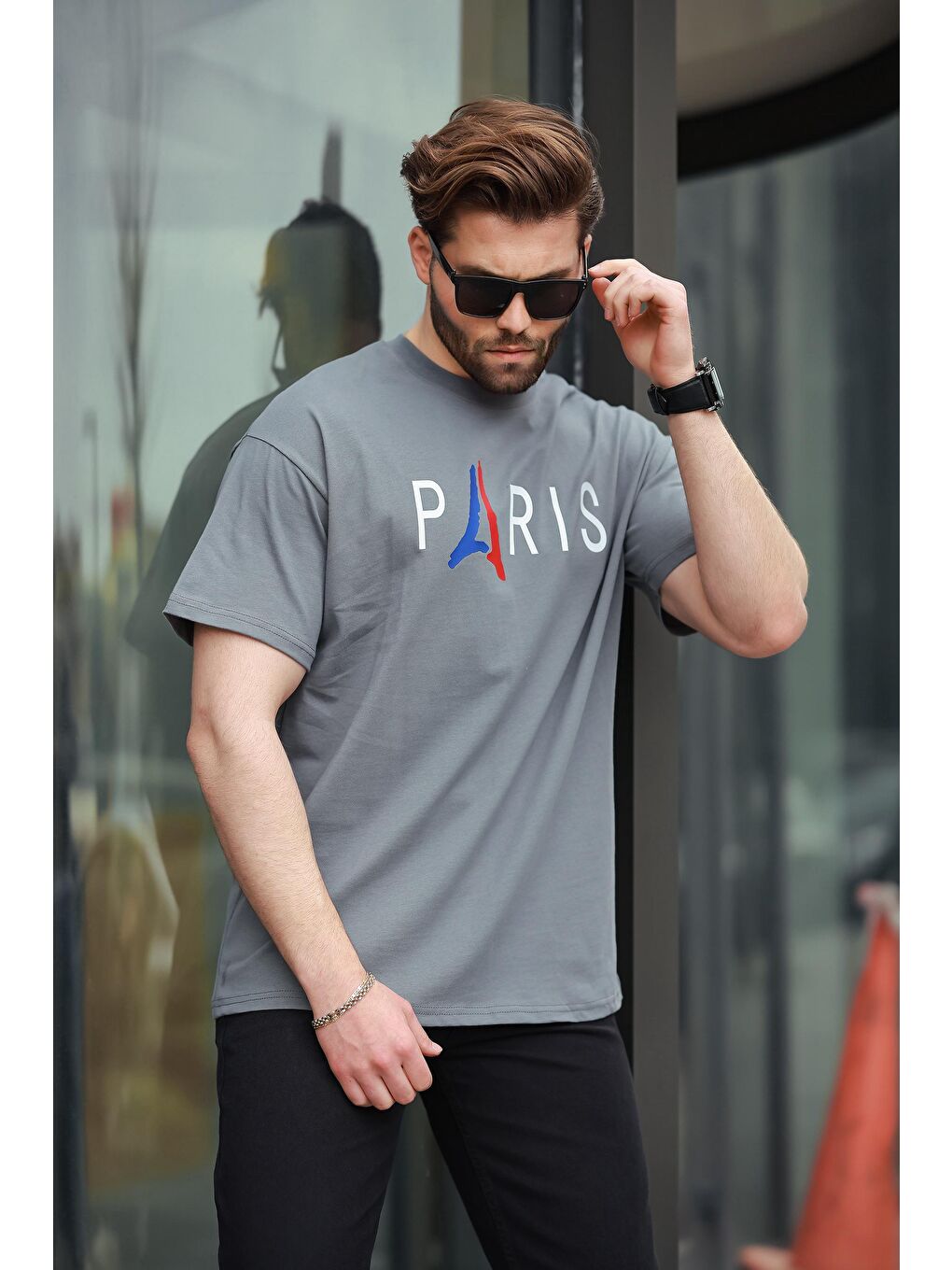 Gri Füme %100 Pamuklu Baskılı Erkek Tişört E7146-2