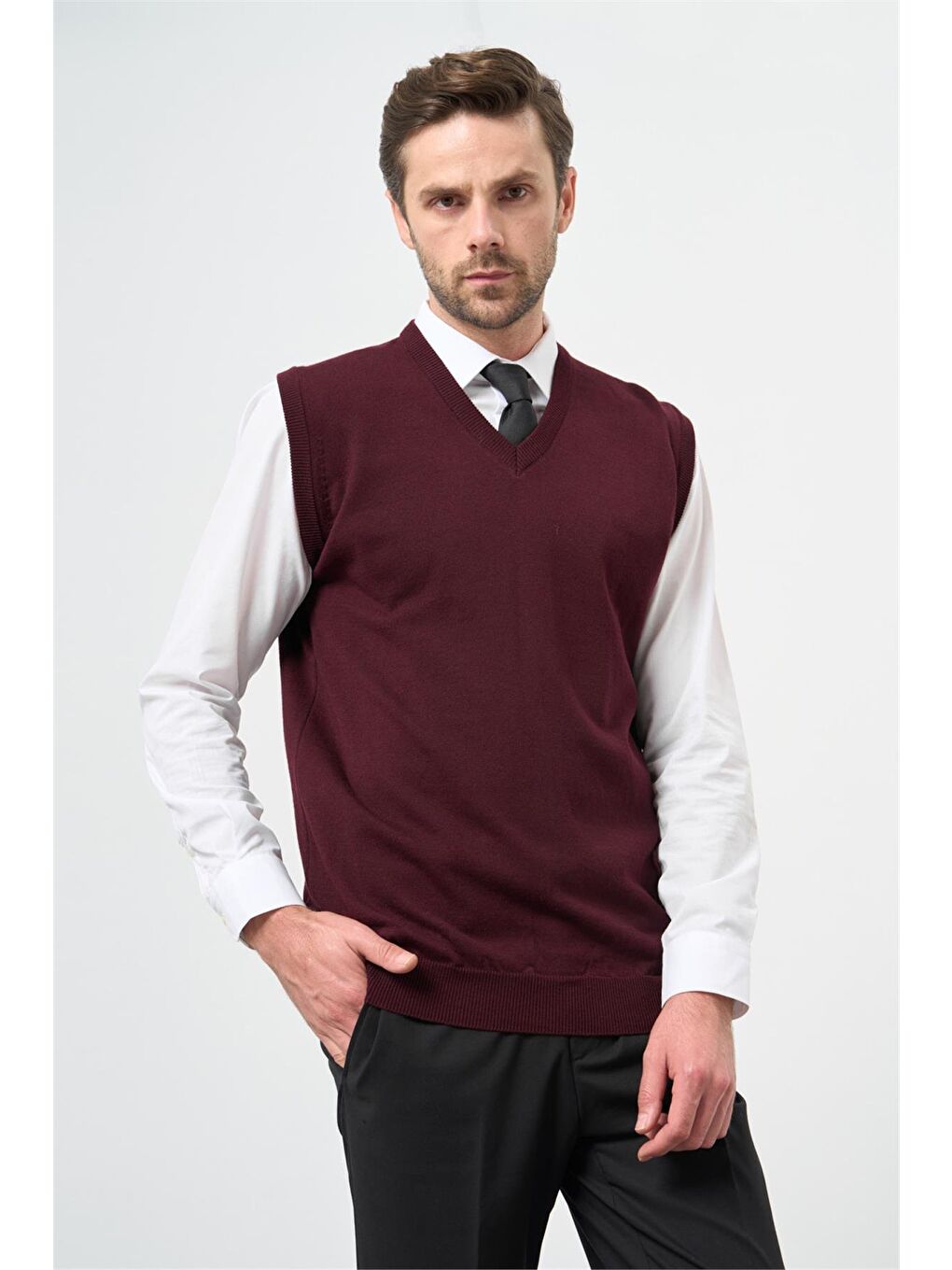 Bordo Düz Örme V Yaka Classic Comfort Fit Triko 1012245003