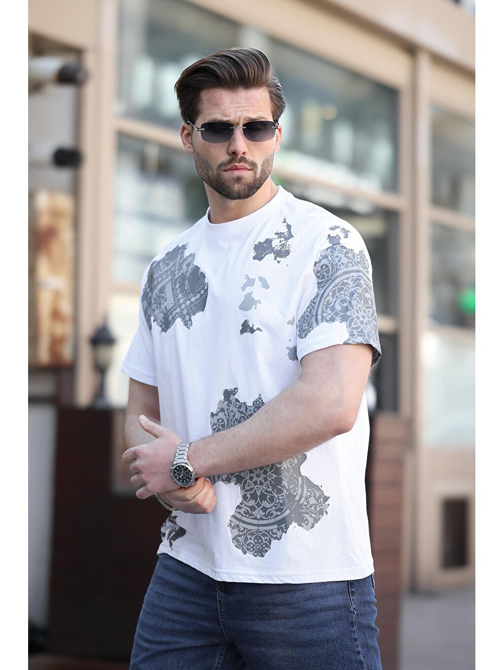 Beyaz %100 Pamuklu Desenli Erkek Tişört E7142-1