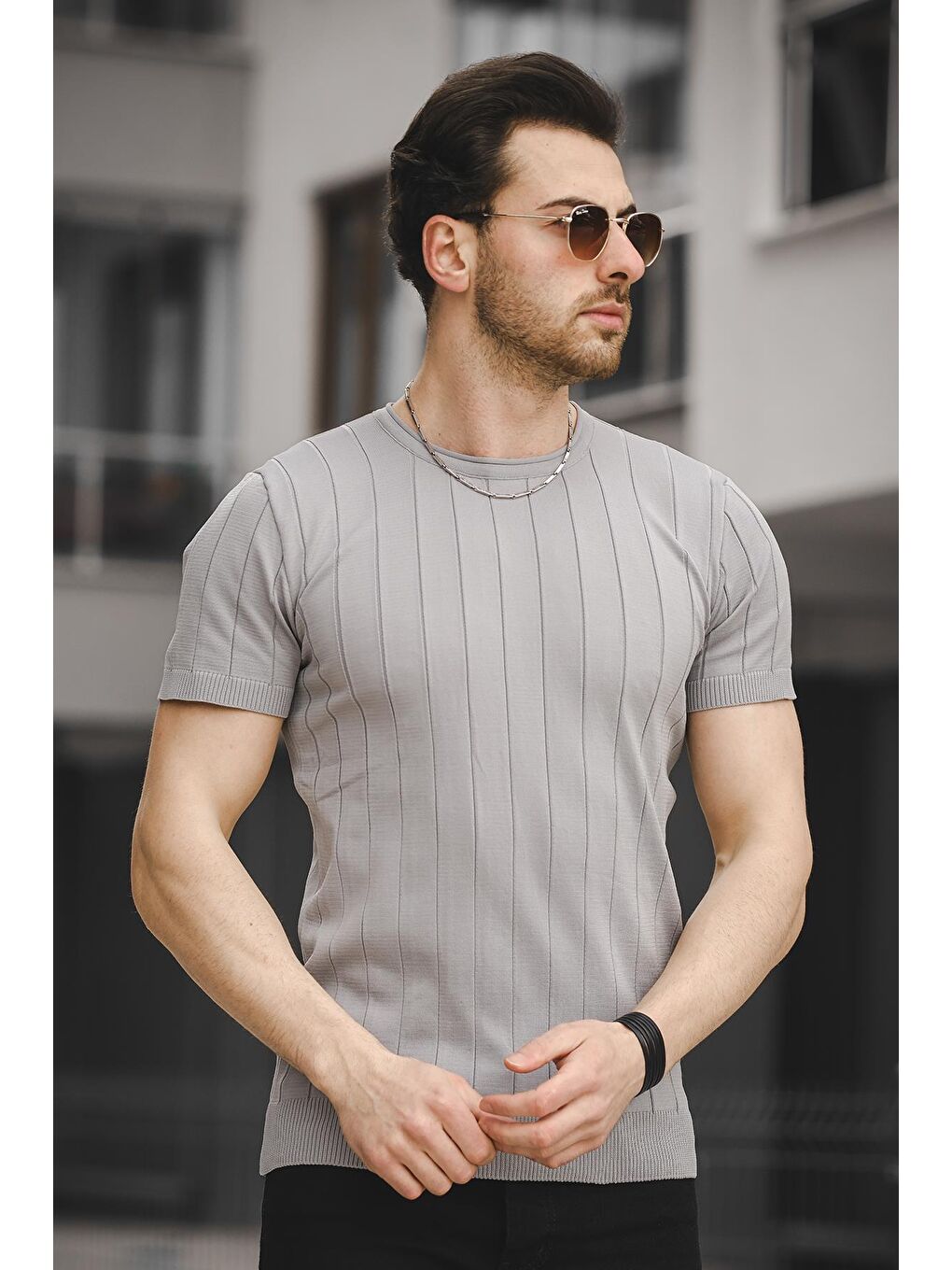 Gri Ht 340006 Gizli Çizgili Bisiklet Yaka Erkek Triko Tişört
