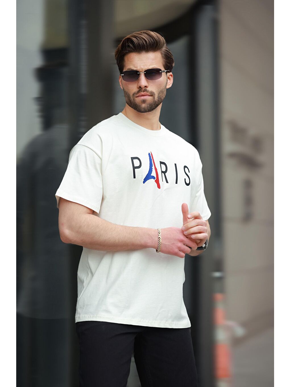 Ekru%100 Pamuklu Baskılı Erkek Tişört E7146-1