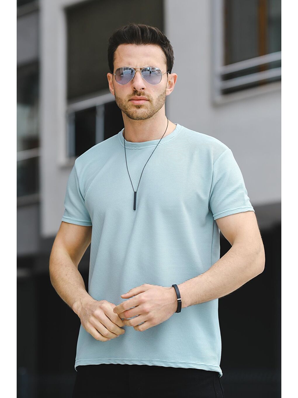 Turkuaz Caster Ottoman Kumaş Basic Slim Fit Likralı Erkek Tişört