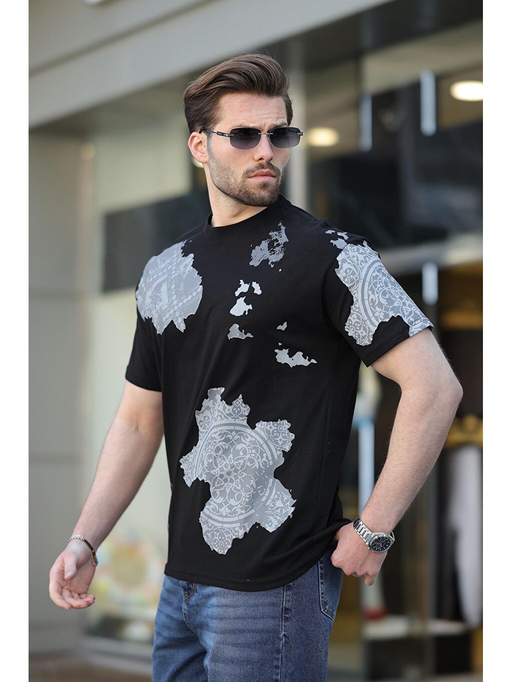 Siyah %100 Pamuklu Desenli Erkek Tişört E7142-2