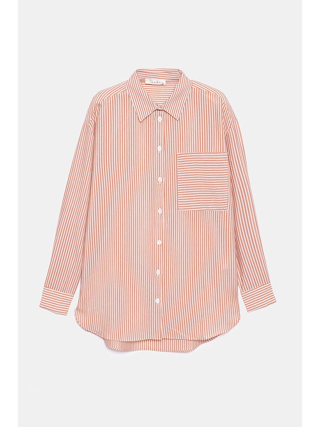 Kahverengi Kiremit Kadın Çizgili Dokulu Regular Basic Gömlek - Tek Cepli