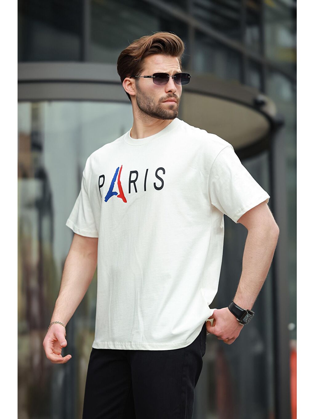 Ekru%100 Pamuklu Baskılı Erkek Tişört E7146-2