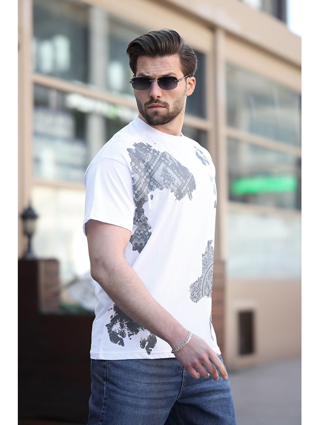Beyaz %100 Pamuklu Desenli Erkek Tişört E7142-2