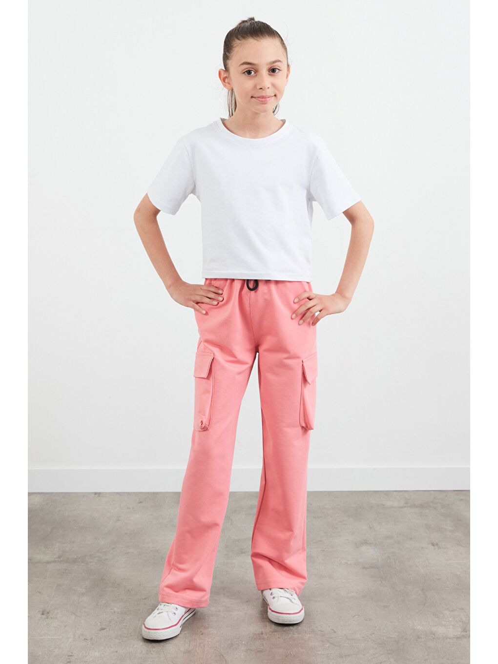 Pembe Beli Lastiki Kargo Cep Kız Çocuk Eşofman Altı-3