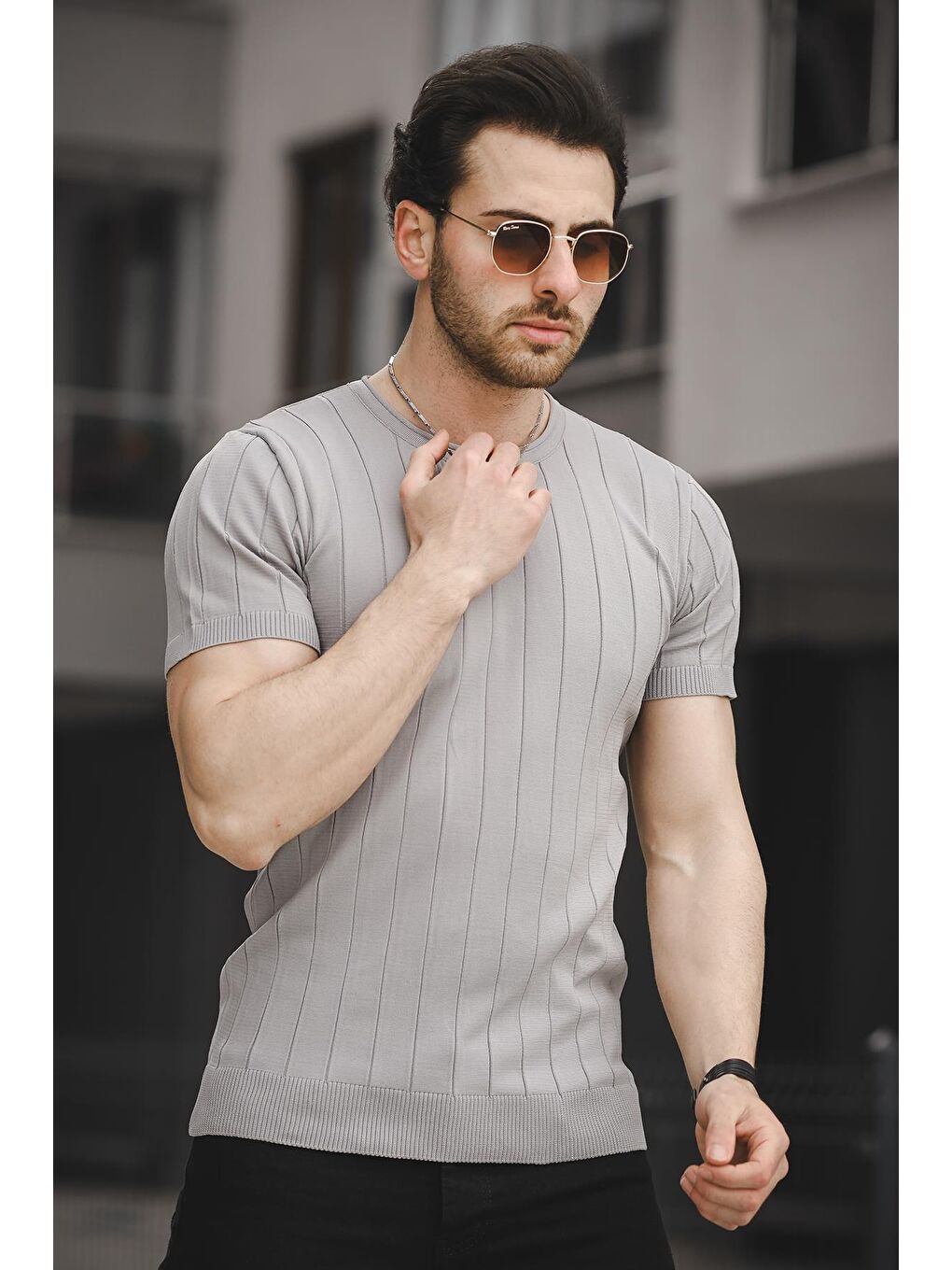 Gri Ht 340006 Gizli Çizgili Bisiklet Yaka Erkek Triko Tişört-1