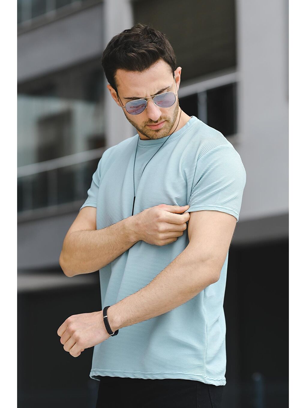 Turkuaz Caster Ottoman Kumaş Basic Slim Fit Likralı Erkek Tişört-1