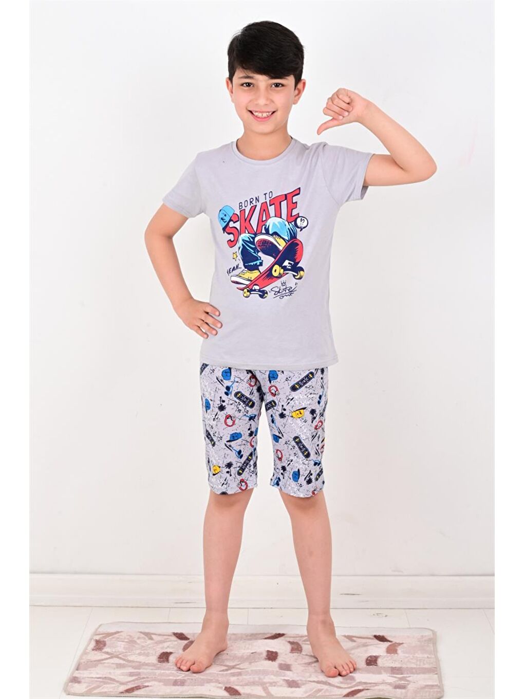 Erkek Çocuk Kapri  Pijama Takımı Born To Skate Gri-1