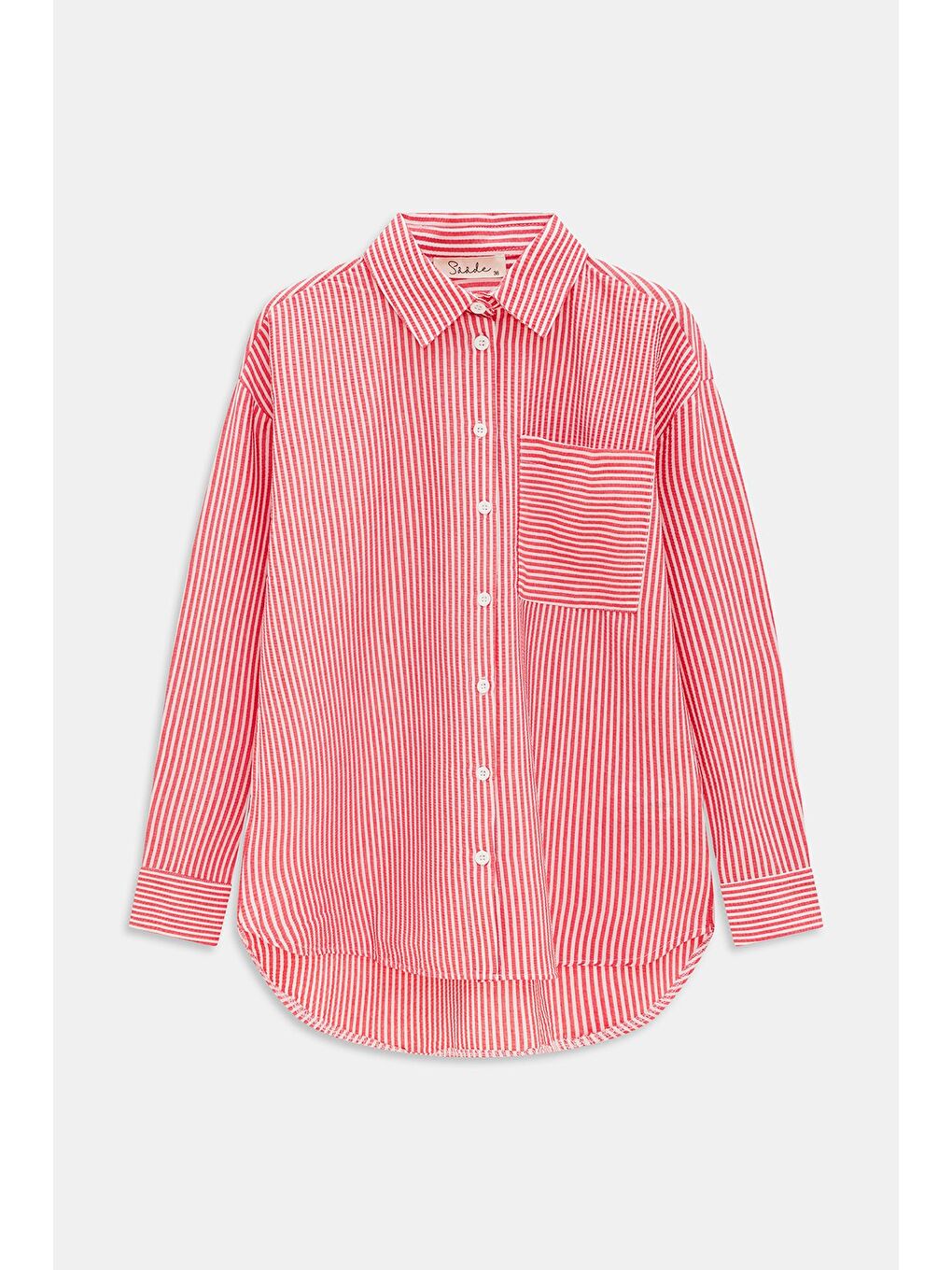 Kırmızı Kadın Çizgili Dokulu Regular Basic Gömlek - Tek Cepli