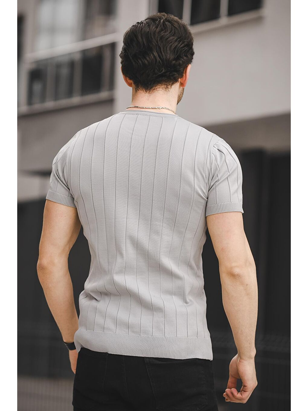 Gri Ht 340006 Gizli Çizgili Bisiklet Yaka Erkek Triko Tişört-2