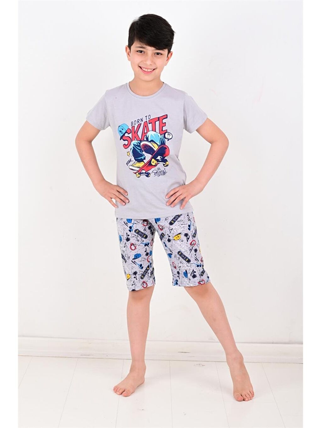 Erkek Çocuk Kapri  Pijama Takımı Born To Skate Gri-3