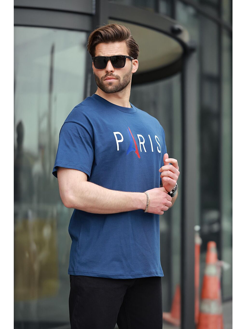 Lacivert %100 Pamuklu Baskılı Erkek Tişört E7146-1