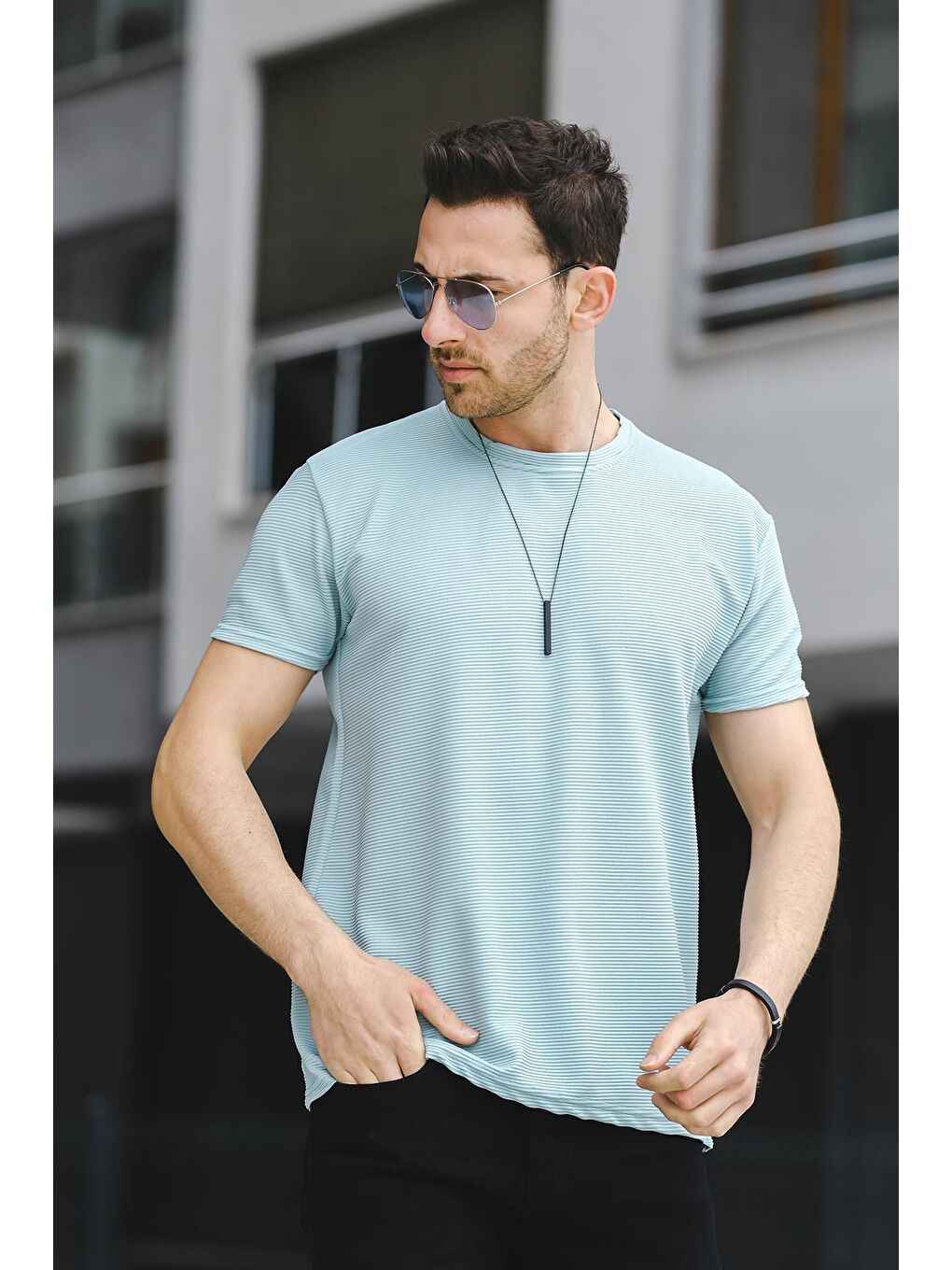 Turkuaz Caster Ottoman Kumaş Basic Slim Fit Likralı Erkek Tişört-2