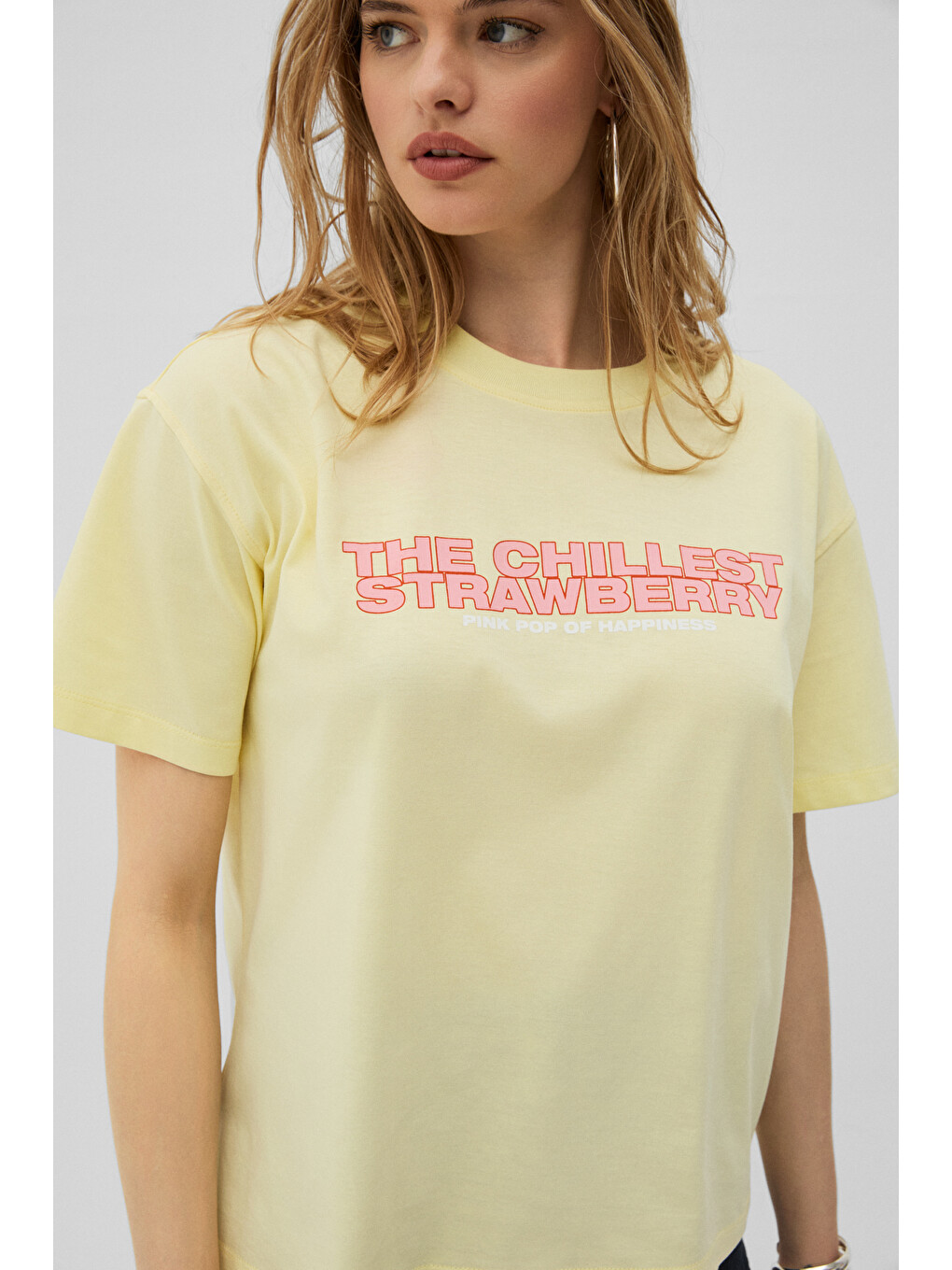 Sarı MOCHI Kadın %100 Organik Pamuklu Yuvarlak Yakalı Baskılı SARI T-Shirt-2