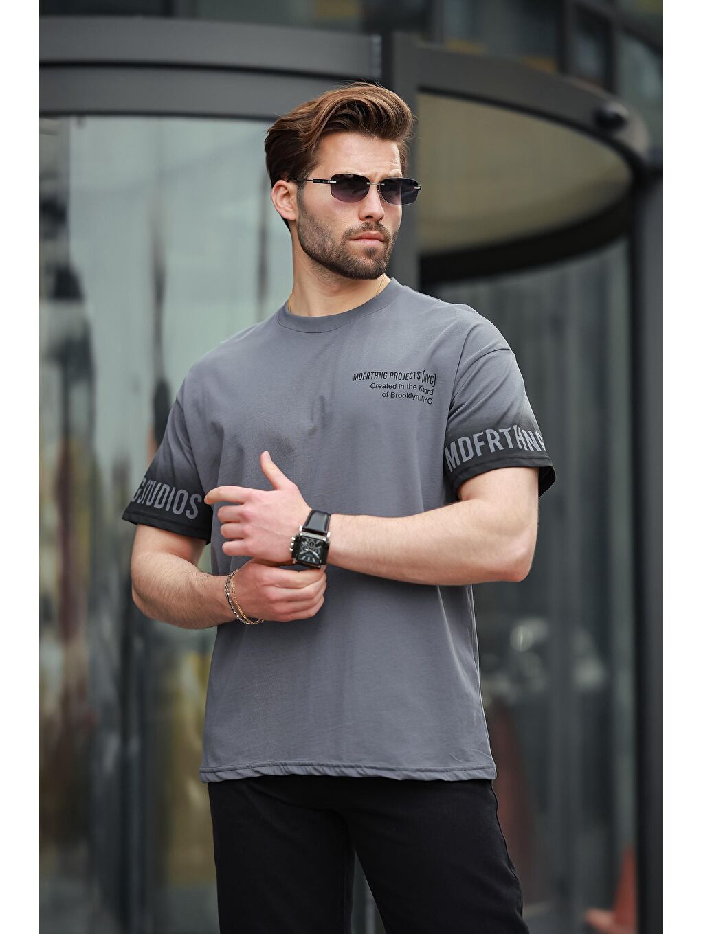 Gri Füme %100 Pamuklu Baskılı Erkek Tişört E7143-1