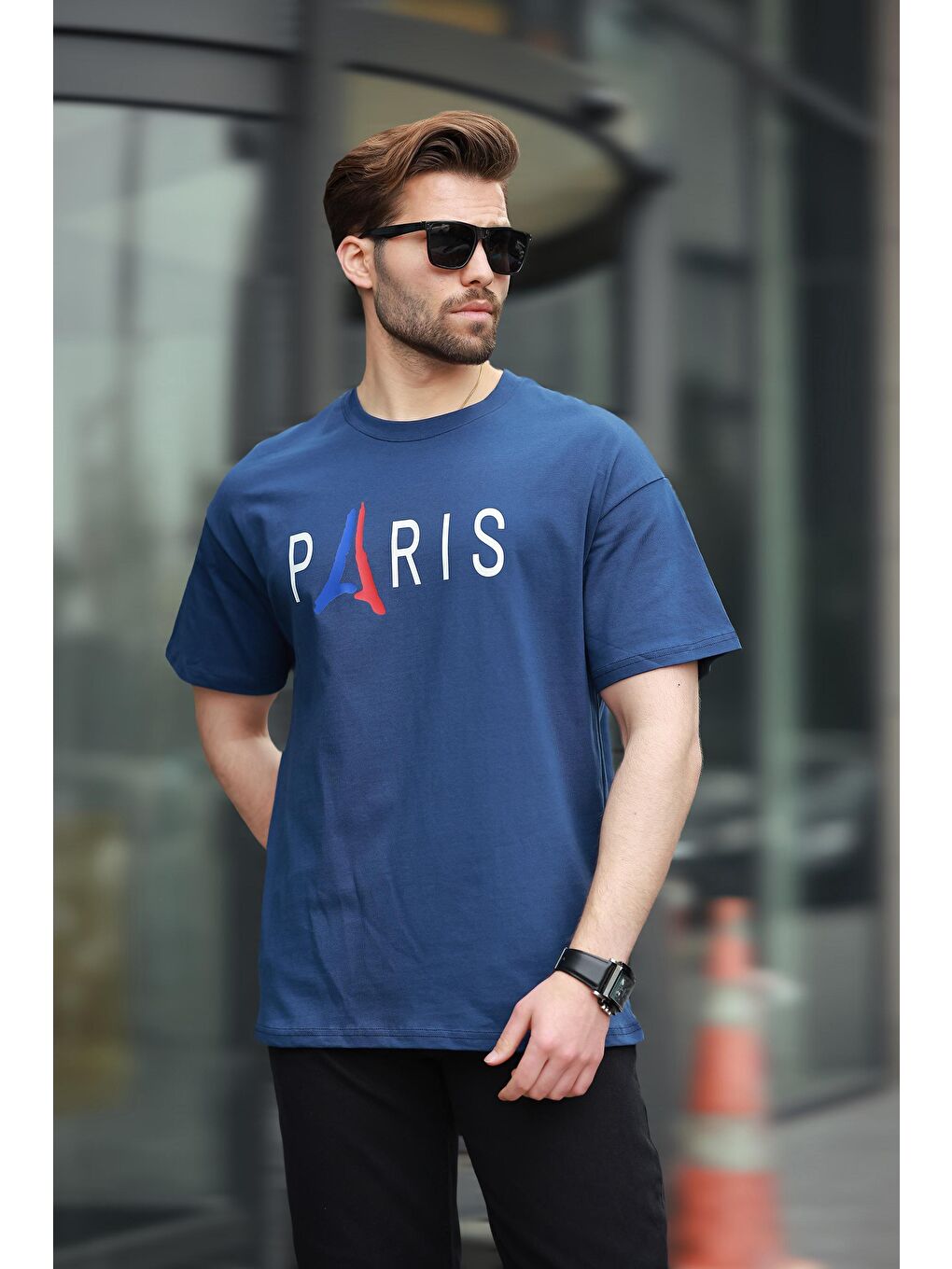 Lacivert %100 Pamuklu Baskılı Erkek Tişört E7146-2