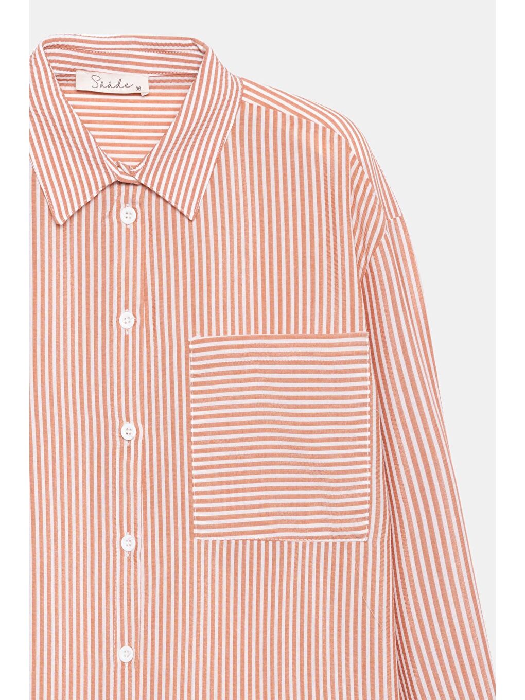 Kahverengi Kiremit Kadın Çizgili Dokulu Regular Basic Gömlek - Tek Cepli-2