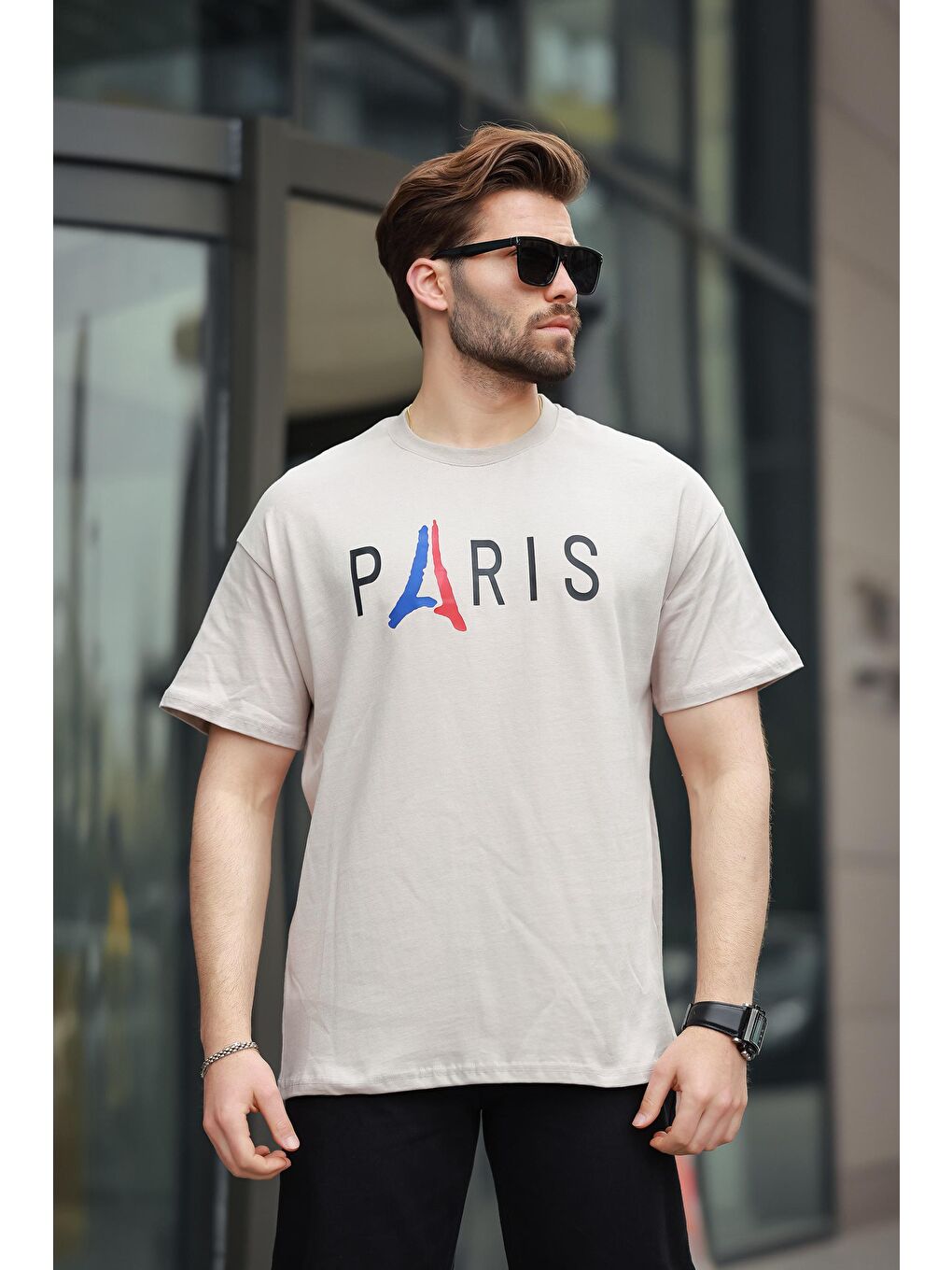 Bej %100 Pamuklu Baskılı Erkek Tişört E7146-1