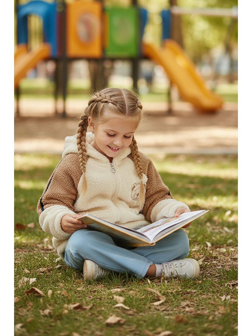 Bej Ayıcık Nakışlı Kapüşonlu Unisex Çocuk Pelüş Mont-1