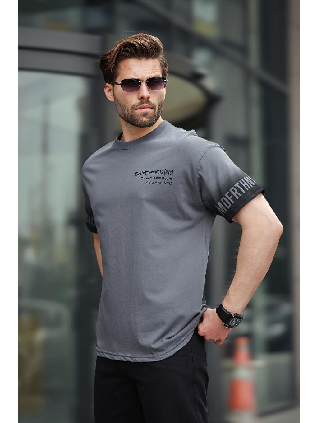 Gri Füme %100 Pamuklu Baskılı Erkek Tişört E7143-2