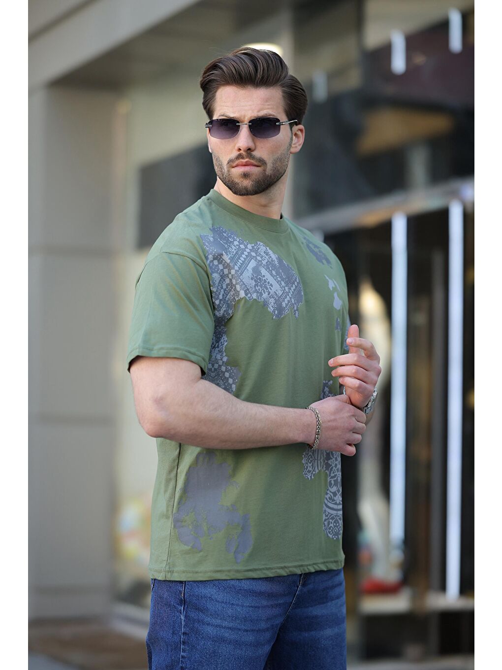 Haki %100 Pamuklu Desenli Erkek Tişört E7142-1