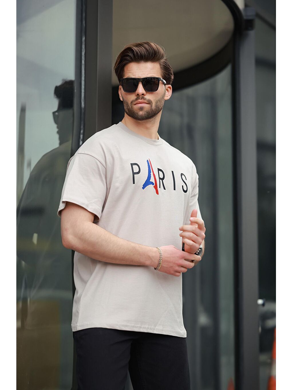 Bej %100 Pamuklu Baskılı Erkek Tişört E7146-2