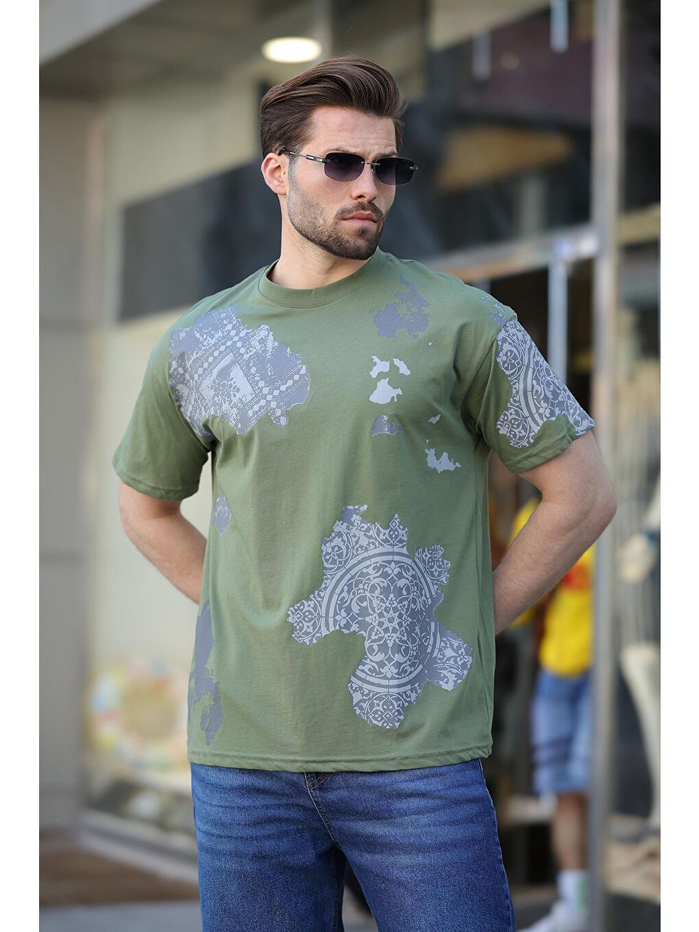 Haki %100 Pamuklu Desenli Erkek Tişört E7142-2