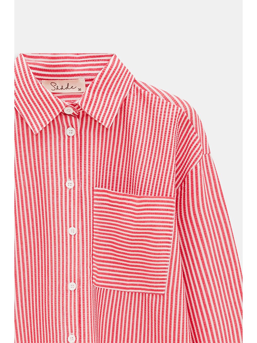 Kırmızı Kadın Çizgili Dokulu Regular Basic Gömlek - Tek Cepli-2