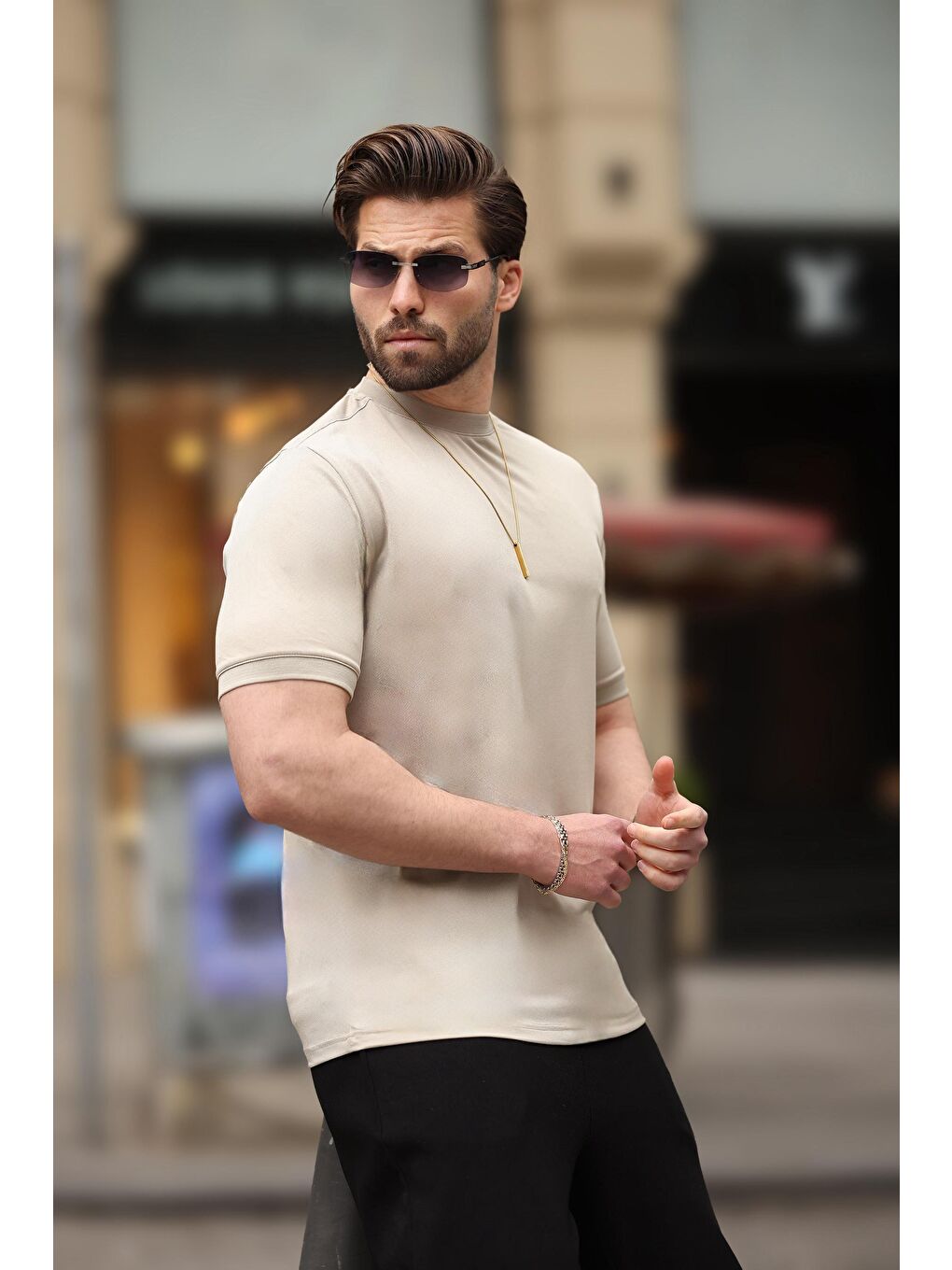 Bej Düz Bisiklet Yaka Basic Erkek Tişört E7129-1