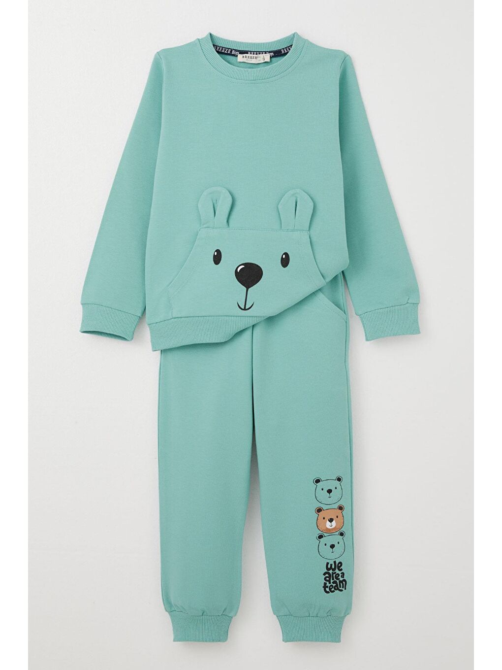 Turkuaz Erkek Bebek Eşofman Takım Sevimli Ayıcık Desenli Kanguru Cepli Su Yeşili (9 Ay-1 Yaş)