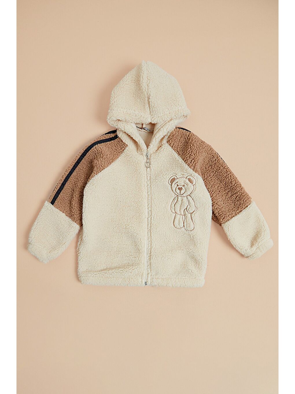 Bej Ayıcık Nakışlı Kapüşonlu Unisex Çocuk Pelüş Mont-2