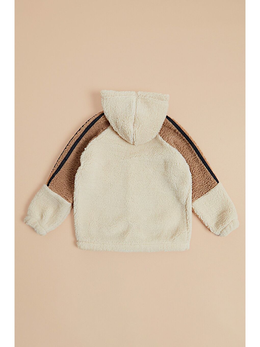 Bej Ayıcık Nakışlı Kapüşonlu Unisex Çocuk Pelüş Mont-4