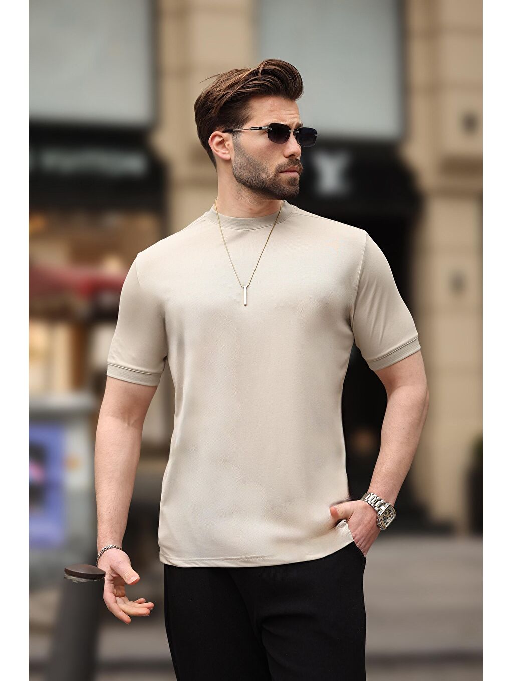 Bej Düz Bisiklet Yaka Basic Erkek Tişört E7129-2