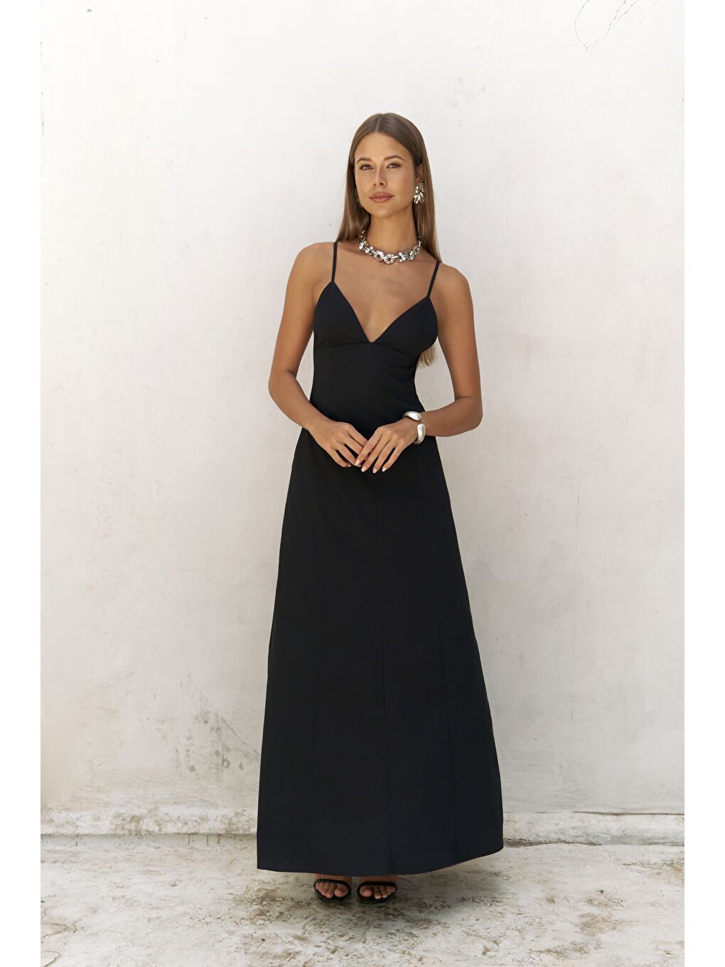 Onella Askılı Siyah Uzun Elbise-1