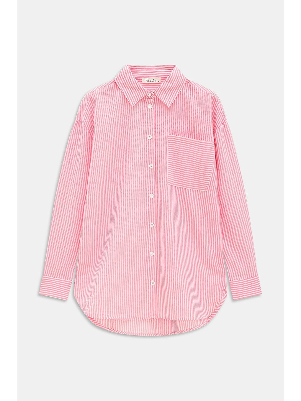 Pembe Kadın Çizgili Dokulu Regular Basic Gömlek - Tek Cepli