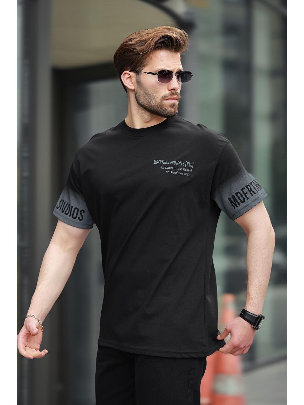 Siyah %100 Pamuklu Baskılı Erkek Tişört E7143